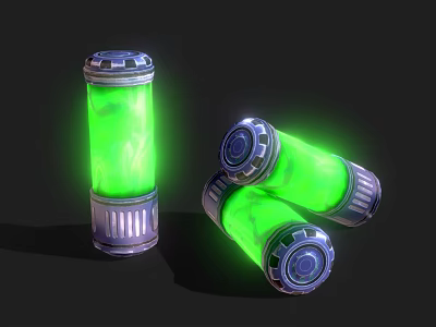 Three Green Glowing Cylindrical Objects With Metal Base And Top Standing And Tilted 3d model