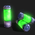 Three Green Glowing Cylindrical Objects With Metal Base And Top Standing And Tilted
