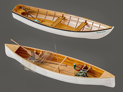 Classic Wooden Boats with Paddle Fishing Net Seats and White Trim Details 3d model