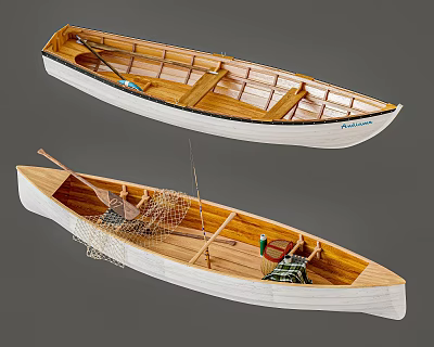 Classic Wooden Boats with Paddle Fishing Net Seats and White Trim Details 3d model