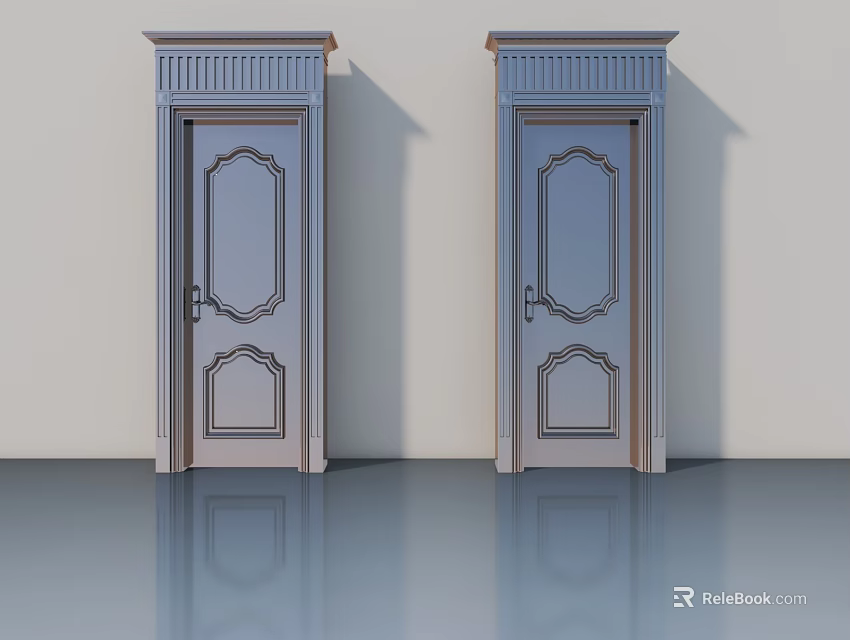 Two Decorative Hinged Doors With Carved Panels And Ornate Top Frames 3d model 