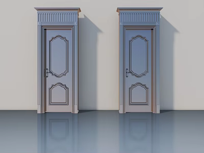 Two Decorative Hinged Doors With Carved Panels And Ornate Top Frames 3d model