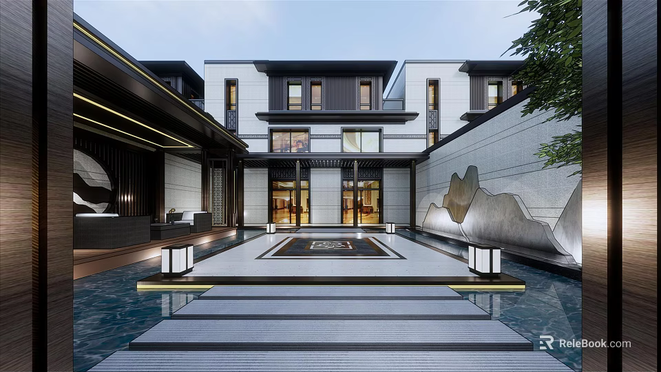 Modern Townhouse Exterior Design With Courtyard Pool Steps And Rock Shaped Wall 3d model 