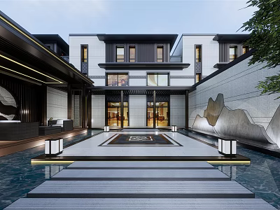Modern Townhouse Exterior Design With Courtyard Pool Steps And Rock Shaped Wall 3d model