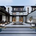 Modern Townhouse Exterior Design With Courtyard Pool Steps And Rock Shaped Wall