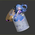 Blue Haired Game Movie Character In Transparent Container With Stars Bubbles And Flowing Hair