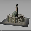 Traditional Mosque Building With Green Dome Minaret Arched Windows And Stone Base