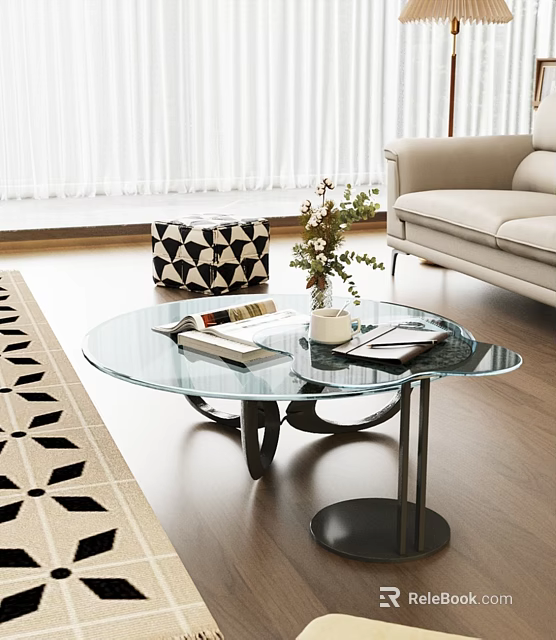 Modern Glass Coffee Table With Books Vase Plant And Sofa In Living Room 3d model 