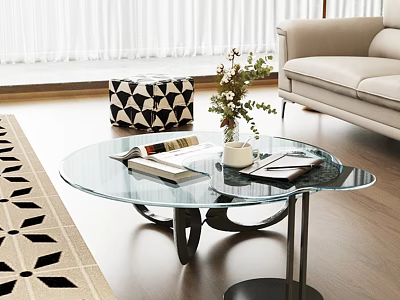 Modern Glass Coffee Table With Books Vase Plant And Sofa In Living Room 3d model