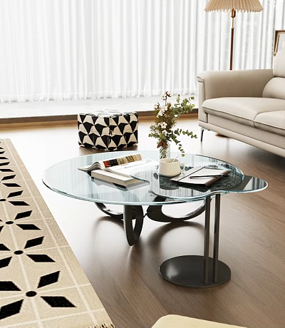 Modern Glass Coffee Table With Books Vase Plant And Sofa In Living Room 3d model