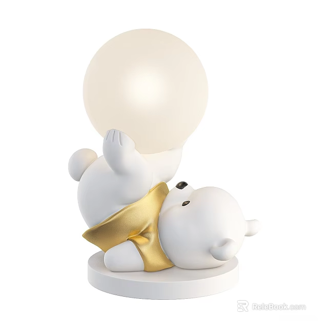 Cute Polar Bear Table Lamp Upside Down Design With White Spherical Lampshade And Golden Ribbon 3d model 