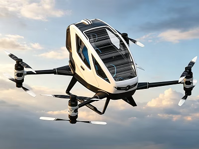 White Electric Flying Vehicle With Transparent Cabin And Four Propellers Flying In Cloudy Sky 3d model
