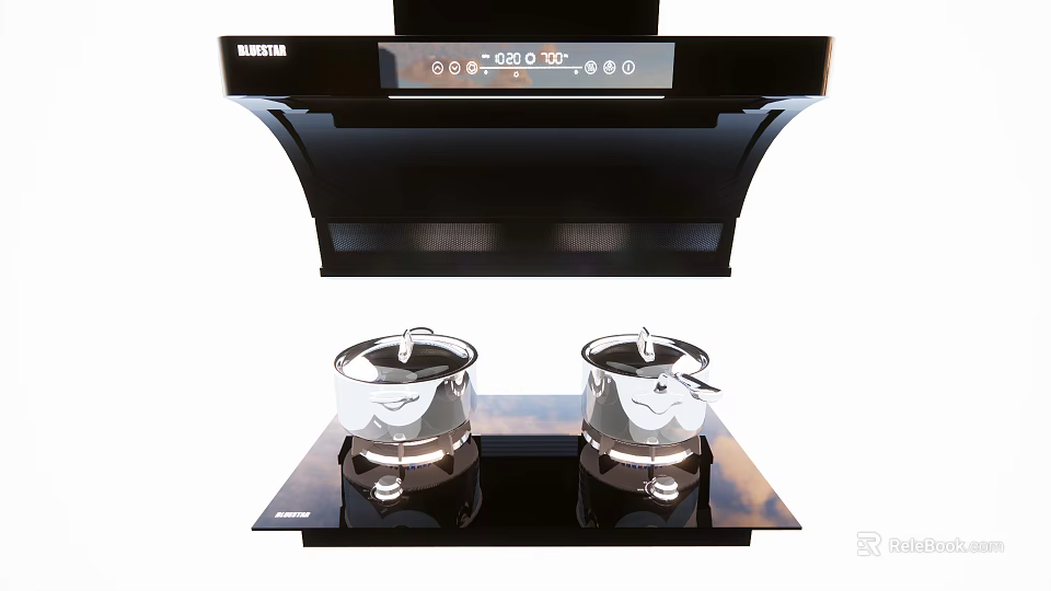 Modern Kitchen Range Hood With Digital Display And Double Pot Stove Appliances 3d model 