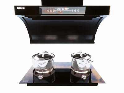 Modern Kitchen Range Hood With Digital Display And Double Pot Stove Appliances 3d model