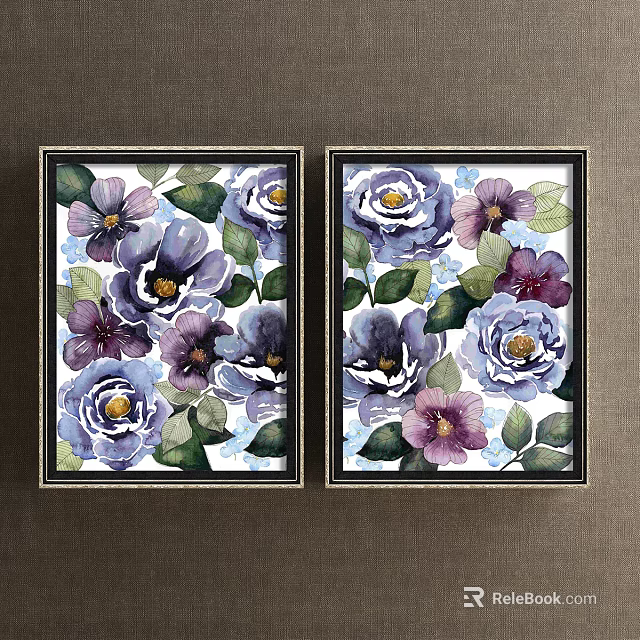 Two Framed Botanical Paintings Featuring Purple Blue Flowers And Green Leaves For Wall Decor 3d model 