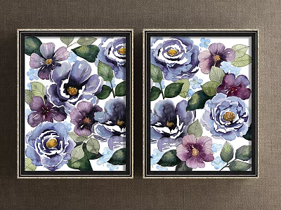 Two Framed Botanical Paintings Featuring Purple Blue Flowers And Green Leaves For Wall Decor 3d model