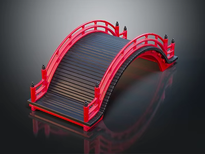 Red Japanese Arch Bridge Design With Wooden Steps And Railings 3d model