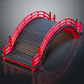 Red Japanese Arch Bridge Design With Wooden Steps And Railings