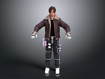 A Man Wearing Brown Jacket Black Inner Shirt Striped Pants Utility Belt And White Shoes 3d model