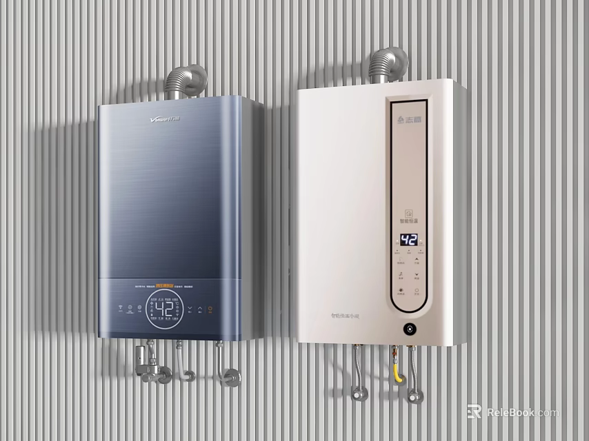 Two Wall Mounted Navy Blue and White Household Appliances with Digital Displays on Striped Wall 3d model 