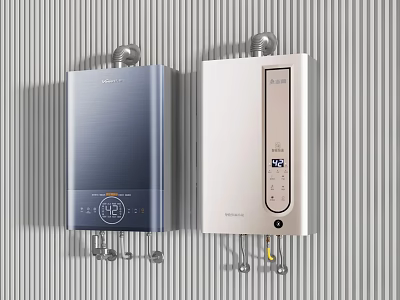 Two Wall Mounted Navy Blue and White Household Appliances with Digital Displays on Striped Wall 3d model