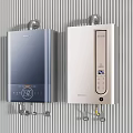 Two Wall Mounted Navy Blue and White Household Appliances with Digital Displays on Striped Wall