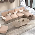 Modern Beige L shaped Sofa and Coffee Table Set with Armchair Green Plants and Large Windows