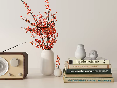 Decorative Ornament Combination with White Vase Red Berry Branches Ceramic Birds Books and Retro Radio 3d model