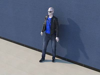 Model Wearing Black Leather Jacket Blue Checkered Shirt Sunglasses Standing by Blue Wall Light Floor 3d model
