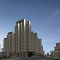 Modern High Rise Residential Buildings Featuring Urban Street Greenery and Pedestrian Walkways