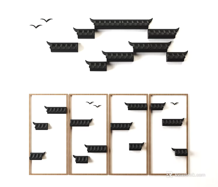 Black Chinese style Eaves Wall Decor with Wooden Frames and Flying Birds Accents 3d model 