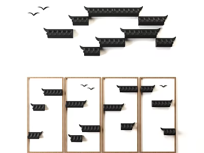 Black Chinese style Eaves Wall Decor with Wooden Frames and Flying Birds Accents 3d model