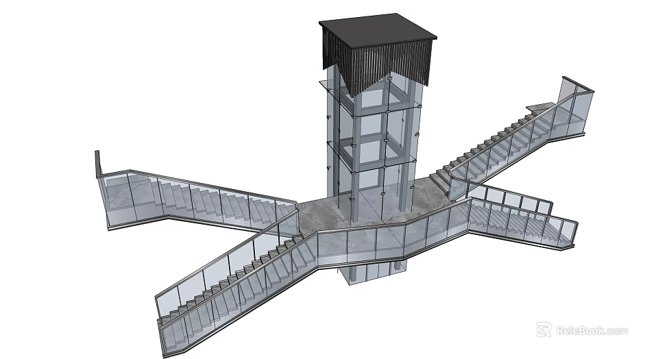 Multi Level Elevator Tower Featuring Transparent Glass And Modern Staircase Design 3d model