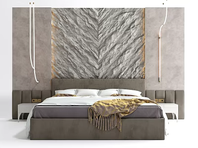 Gray Modern Double Bed In Background With Textured Wall White Pillows Fringed Blanket And Sconces 3d model