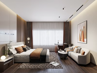 Modern Bedroom Interior With Double Bed Soft Lighting Area Rug Accent Sofa And Wall Artwork 3d model