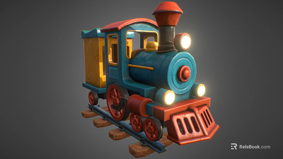 Cute Colorful Toy Train With Blue Body Red Chimney And Yellow Details On Wooden Track 3d model 