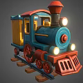 Cute Colorful Toy Train With Blue Body Red Chimney And Yellow Details On Wooden Track 3d model
