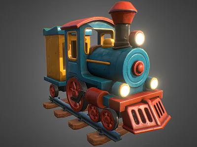 Cute Colorful Toy Train With Blue Body Red Chimney And Yellow Details On Wooden Track 3d model