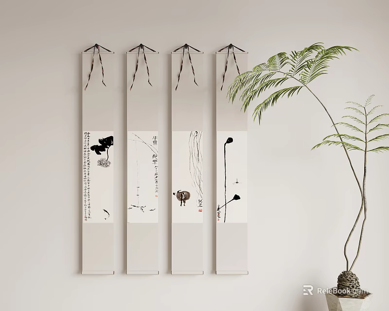Chinese Ink Art Scrolls With Decorative Patterns And Potted Plant On Wall 3d model