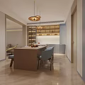 Modern Living Dining Room Interior With Ceiling Fan TV Wall Wine Racks Round Coffee Table