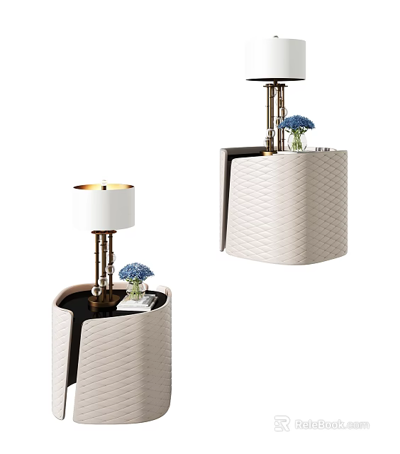 White Quilted Bedside Table With Gold Lamp And Blue Hydrangea Vase 3d model