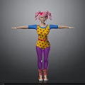 3D Character With Pink Pigtails Yellow Star Jumpsuit Blue Sleeves Purple Leggings And Arms Outstretched