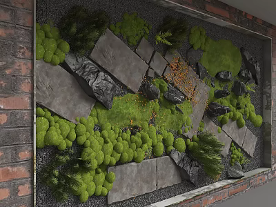 Rustic Background Wall With Moss Covered Stone Slabs Brick Accents Green Plants And Gravel 3d model