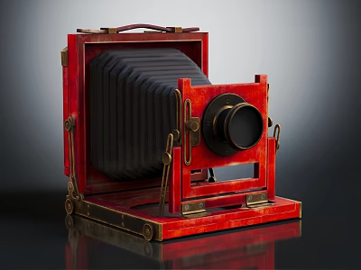 Vintage Electronic Camera Red Body With Bellows Design Wooden Frame And Metal Parts 3d model