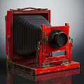 Vintage Electronic Camera Red Body With Bellows Design Wooden Frame And Metal Parts