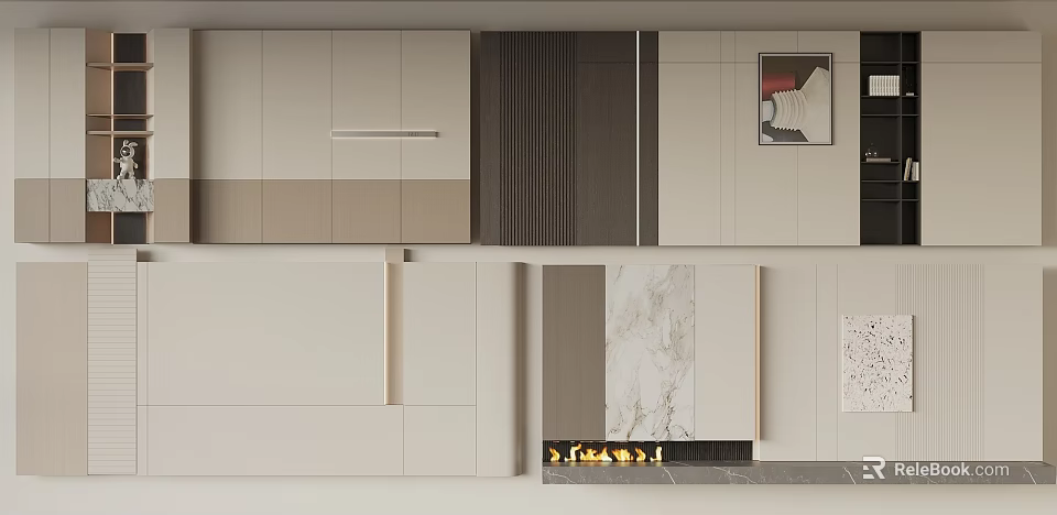 Minimalist Sofa Background Wall Design With Beige Gray Panels Marble Accents And Decorative Art 3d model 