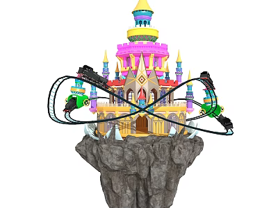 Cartoon Scene Featuring Colorful Castle With Spires And Twisting Roller Coaster Tracks On Rocky Platform 3d model