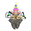 Cartoon Scene Featuring Colorful Castle With Spires And Twisting Roller Coaster Tracks On Rocky Platform