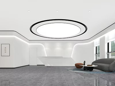 Modern Reception Area With White Walls Curved Front Desk And Circular Ceiling Light 3d model