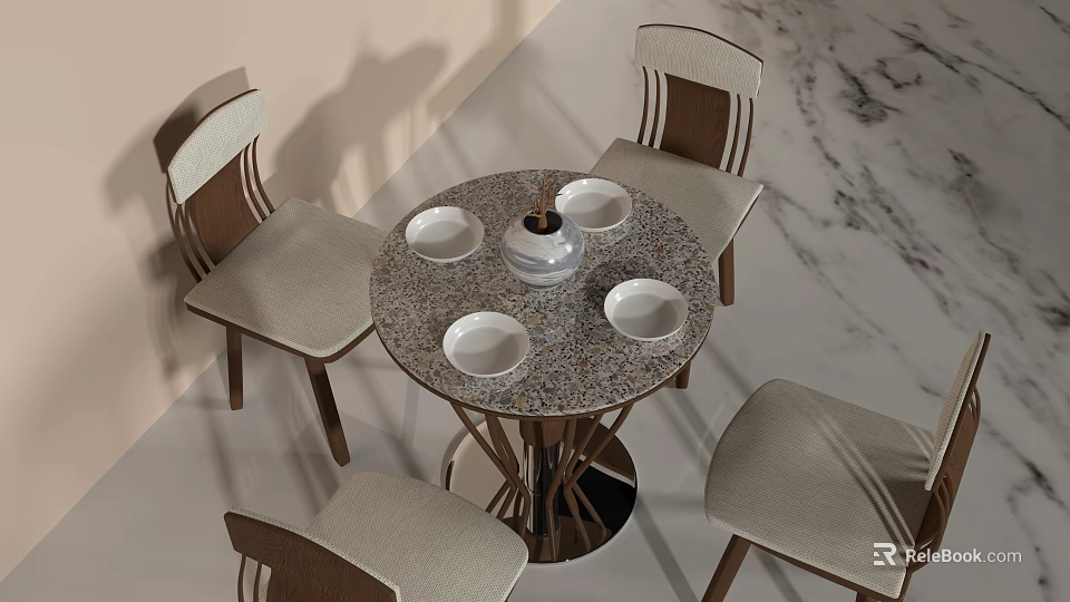 Modern Round Dining Table Set With Patterned Top Four Wooden Leg Chairs And White Bowls 3d model 